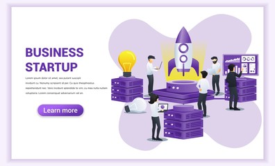 Start up business concept. people are working on rocket getting ready for a launch new start up business. Can use for web banner, infographics, landing page, web template. Vector illustration