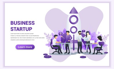 Obraz premium Business start up concept with people work near a rocket ready getting launch. Can use for web banner, infographics, landing page, web template. Flat vector illustration