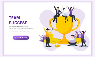 Team success web banner concept. Successful Business team work. businessman and women together celebrating victory by winning the golden trophy. Flat vector illustration
