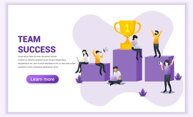 Team success concept. Achievement, Partnership, Leadership, Successful teamwork with golden trophy. Can used for web banner, infographics, landing page, web template. Flat vector illustration