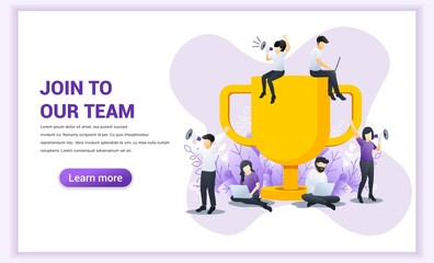 Join our team web banner concept. people near the big trophy are looking for partners and new members. Successful Business team work. Flat vector illustration