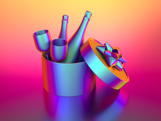 Gift with champagne bottle and glass in vibrant bold gradient holographic neon colors. Concept art. Minimal surrealism background. 3d render