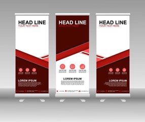 Red Roll up banner stand. Vertical Vector template design. Modern Flag Banner Design with abstract background can be used for Annual Report, Cover, Flyer, Magazine, Presentation, Poster, Website