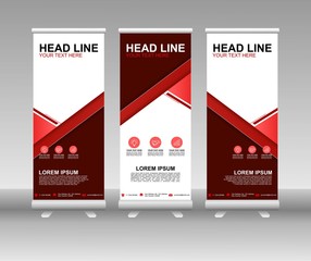 Red Roll up banner stand. Vertical Vector template design. Modern Flag Banner Design with abstract background can be used for Annual Report, Cover, Flyer, Magazine, Presentation, Poster, Website