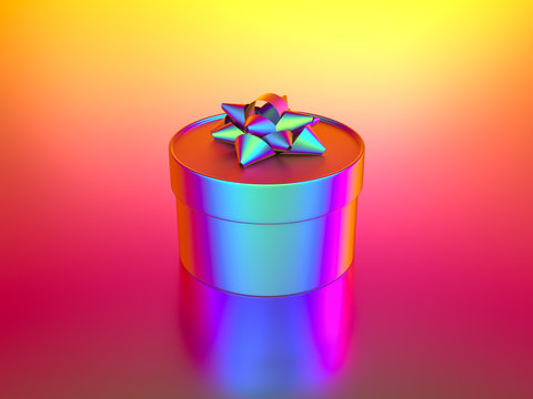 Gift in vibrant bold gradient holographic neon colors. Concept art. Minimal surrealism background. 3d render