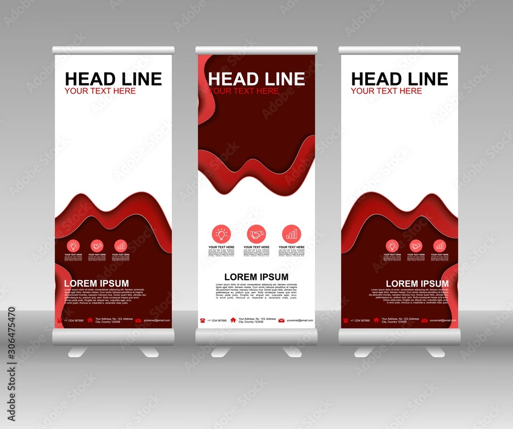 Poster red roll up banner stand. vertical vector template design. modern flag banner design with abstract b
