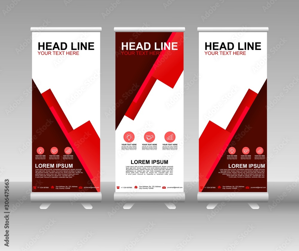 Poster red roll up banner stand. vertical vector template design. modern flag banner design with abstract b