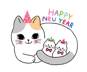 Cartoon cute adorable Mother cat and kittens celebration new year vector.