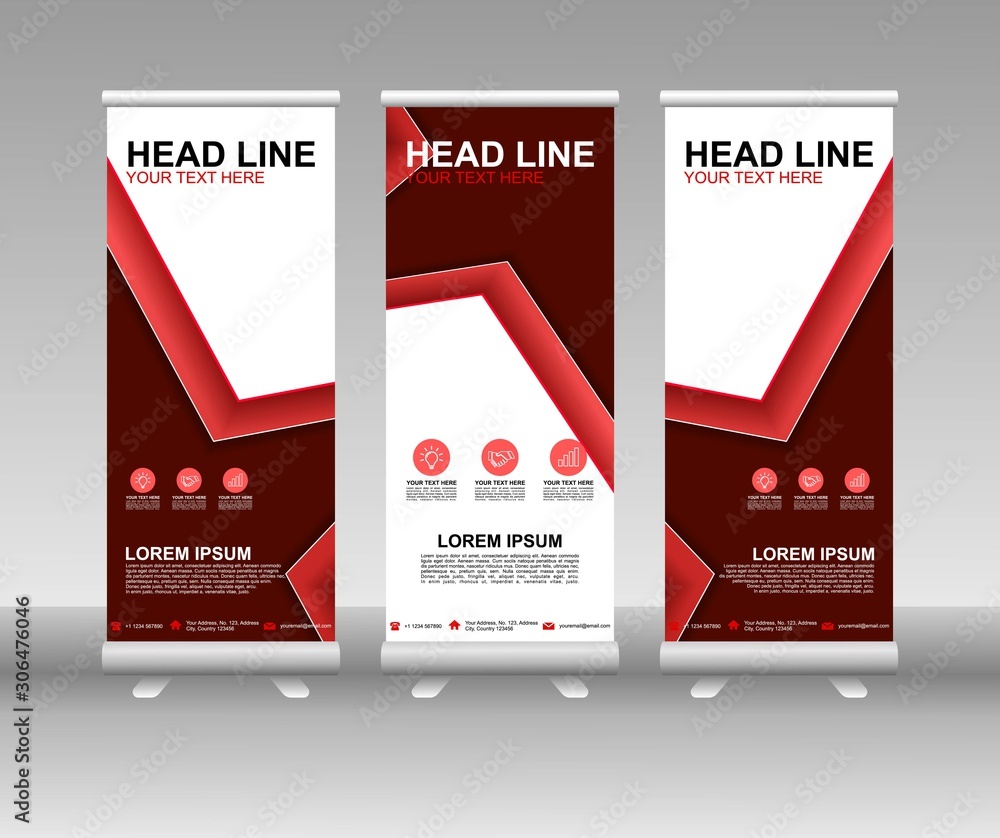 Poster red roll up banner stand. vertical vector template design. modern flag banner design with abstract b