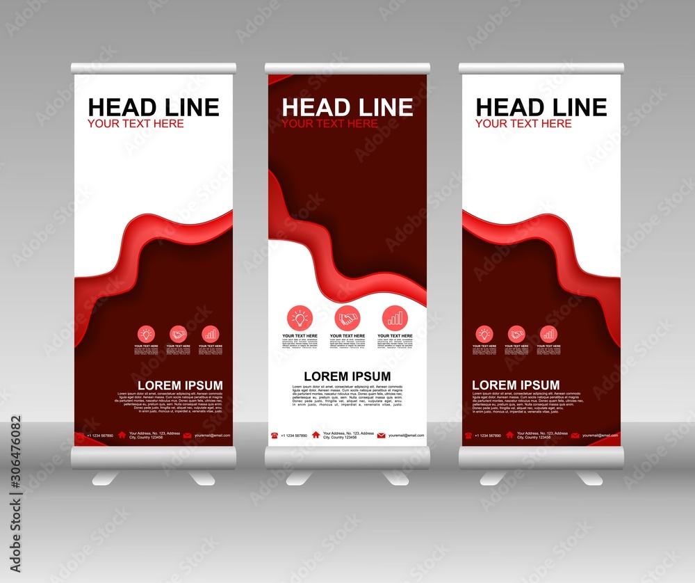 Sticker red roll up banner stand. vertical vector template design. modern flag banner design with abstract b