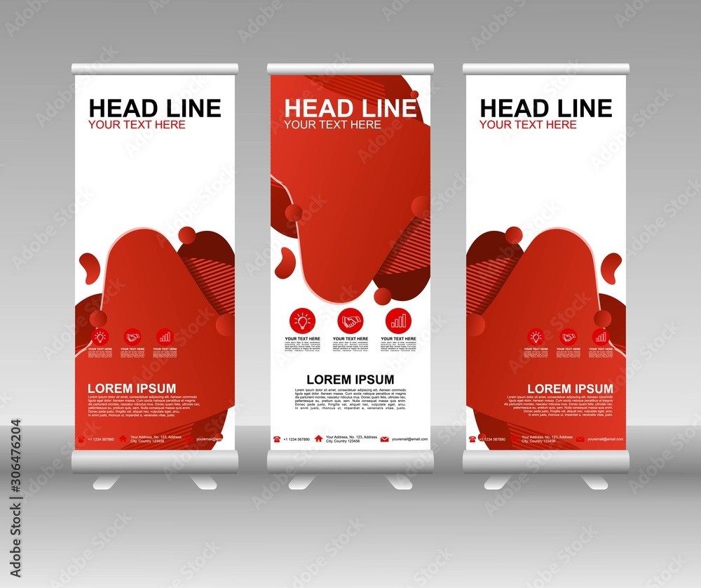 Poster red roll up banner stand. vertical vector template design. modern flag banner design with abstract b