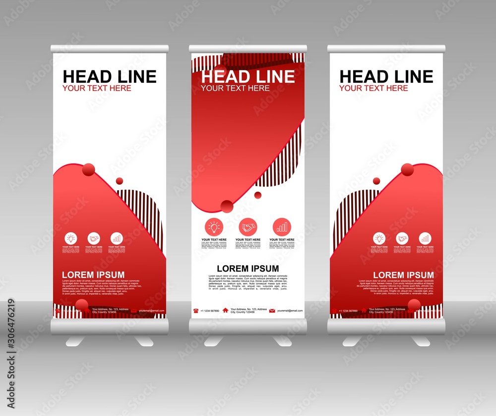 Poster red roll up banner stand. vertical vector template design. modern flag banner design with abstract b