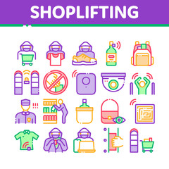 Shoplifting Collection Elements Icons Set Vector Thin Line. Video Camera And Guard Security From Shoplifting, Human Shoplifter Silhouette Concept Linear Pictograms. Color Contour Illustrations
