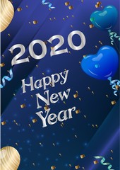 Happy New Year silver 2020 on dark background. Celebration decor Vector poster template isolated realistic design elements 