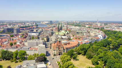 Bremen, Germany. The historic part of Bremen, the old town. Bremen Cathedral ( St. Petri Dom Bremen ). View in flight, Aerial View - obrazy, fototapety, plakaty