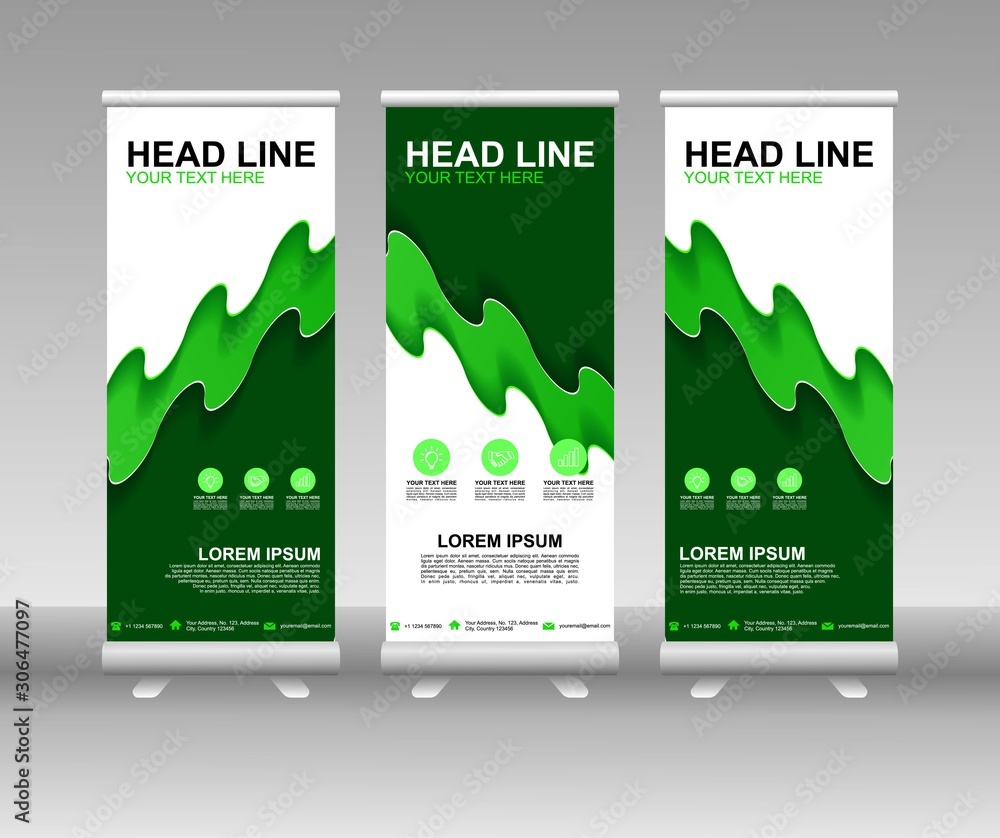 Wall mural roll up banner stand. vertical vector template design. modern flag banner design with abstract backg