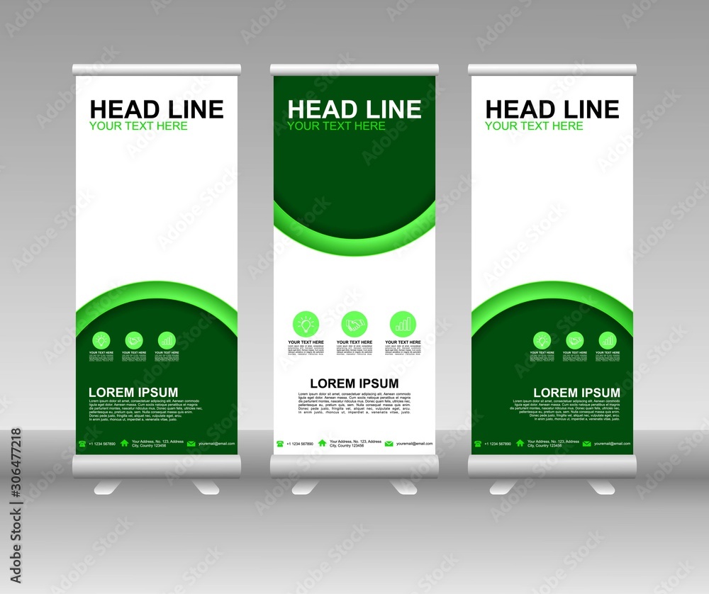 Wall mural roll up banner stand. vertical vector template design. modern flag banner design with abstract backg