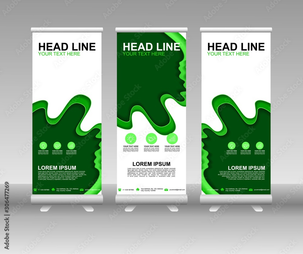 Wall mural roll up banner stand. vertical vector template design. modern flag banner design with abstract backg