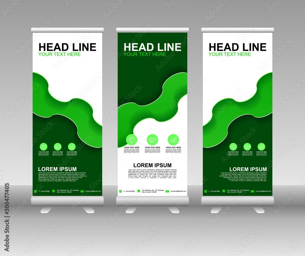 Wall mural roll up banner stand. vertical vector template design. modern flag banner design with abstract backg