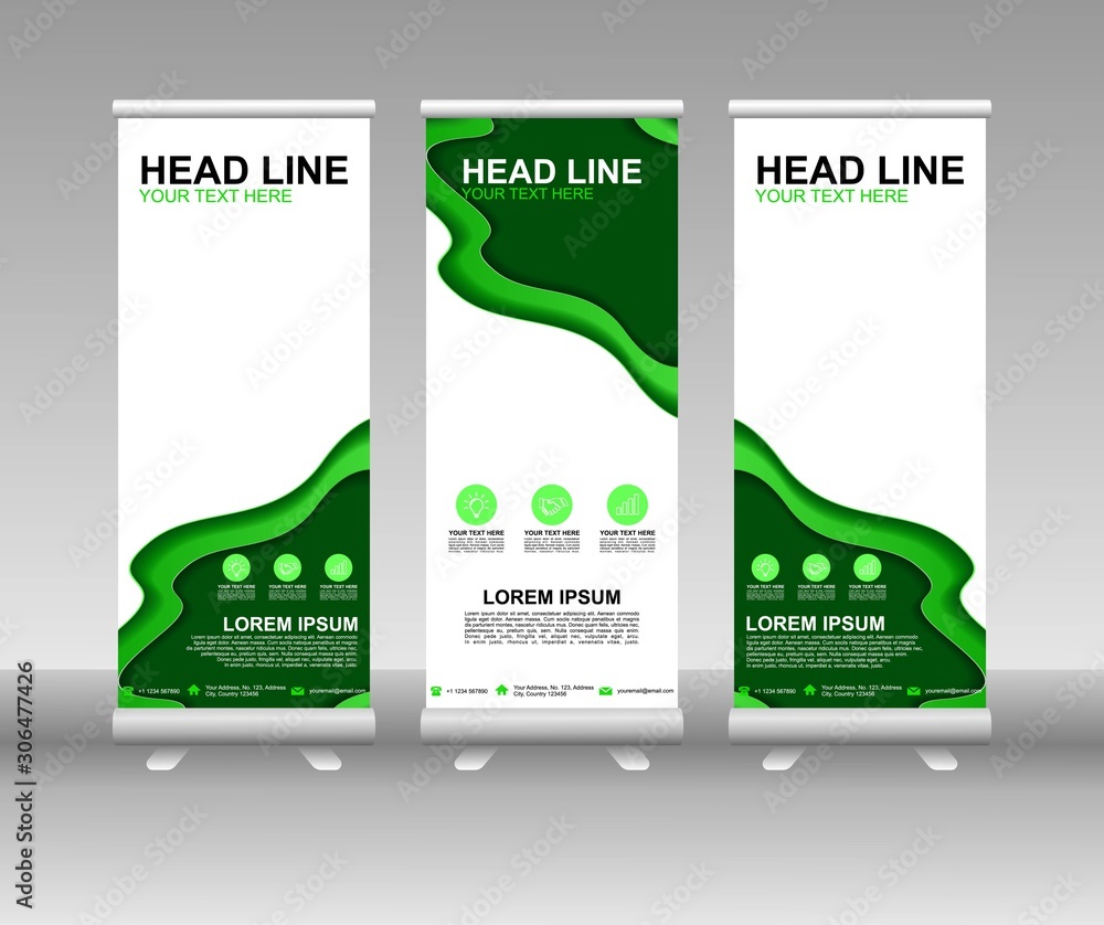 Wall mural roll up banner stand. vertical vector template design. modern flag banner design with abstract backg