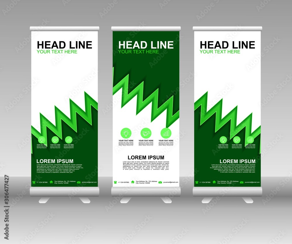 Wall mural roll up banner stand. vertical vector template design. modern flag banner design with abstract backg