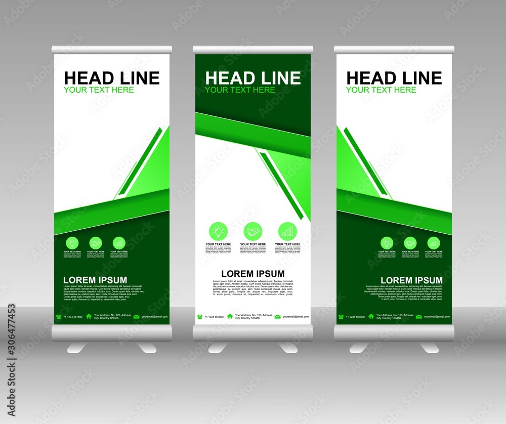 Poster roll up banner stand. vertical vector template design. modern flag banner design with abstract backg