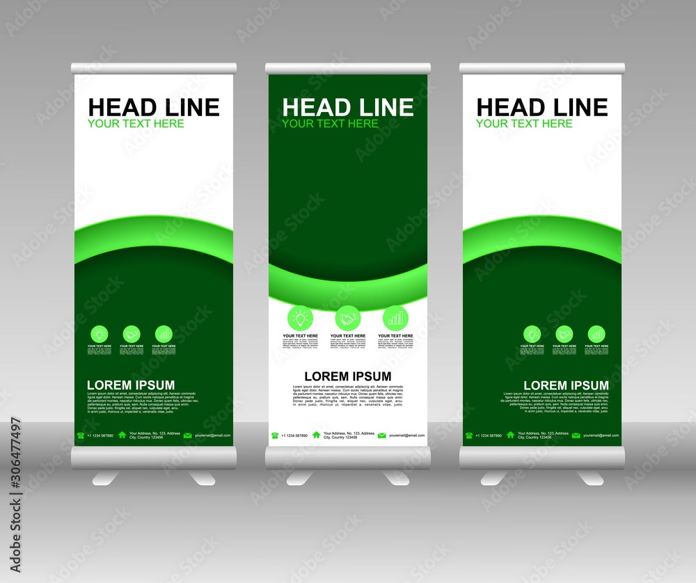 Wall mural roll up banner stand. vertical vector template design. modern flag banner design with abstract backg