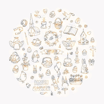 Hand drawn doodle Happy Easter icons set Vector illustration sketchy  traditional symbols collection Cartoon celebration concept elements eggs, bunny, willow twigs, basket, candles, Christian church