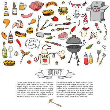 Hand drawn doodle BBQ party icons set Vector illustration summer barbecue symbols collection Cartoon various meals, drinks, ingredients and decoration elements Grill Meat Sausage Sandwich Wine Sketch