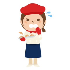 職業別、パン屋で働く女性のイラスト。慌てている女性。