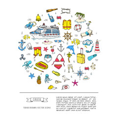 Obraz premium Hand drawn doodle Cruise vacation icons set Vector illustration summer adventure emblem collection Cartoon cruise liner concept elements Sea symbols Marine concept with Cruise Ship Summertime Elements