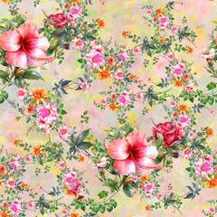 Watercolor painting of leaf and flowers, seamless pattern background