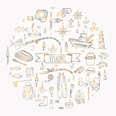 Hand drawn doodle Fishing icons set Vector illustration catching fish equipment elements collection Cartoon fishery concept Rod Baits Spinning Lure Fiberglass Rib boat Lighthouse Clothing Rubber boots