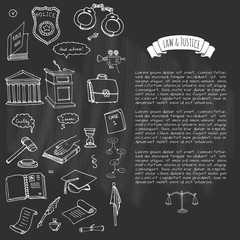 Hand drawn doodle Law and Justice icons set Vector illustration law sketchy symbols collection Cartoon law concept elements suitable for info graphics, websites and print media. Black and white icons