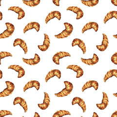 Seamless pattern with croissants on white background. Hand drawn watercolor illustration.