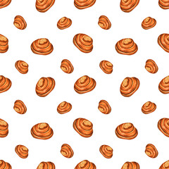 Seamless pattern with cinnamon bun. Freshly baked sweet cake. Watercolor illustration on white background.
