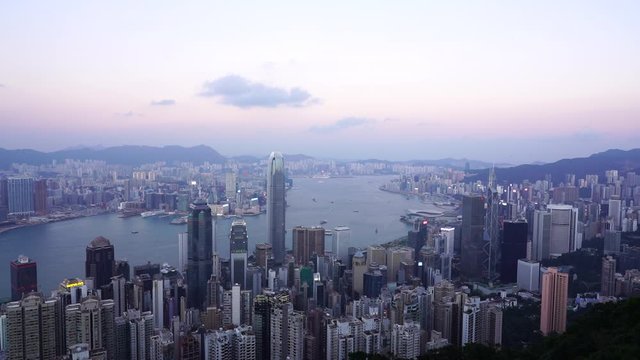 Hong Kong cityscape at sunset top view from Victoria Peak, Timelapse