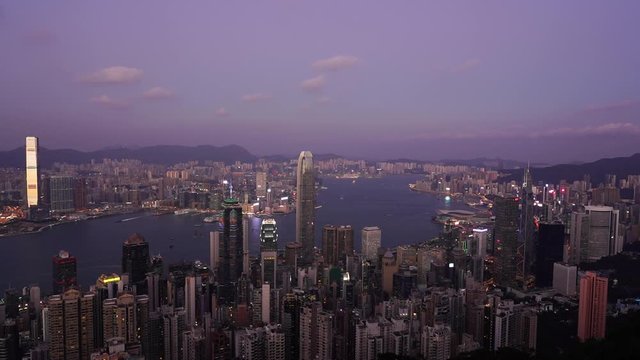 Hong Kong cityscape at sunset top view from Victoria Peak, Timelapse