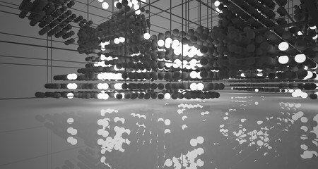 Abstract architectural concrete interior  from an array of spheres  with neon lighting. 3D illustration and rendering.