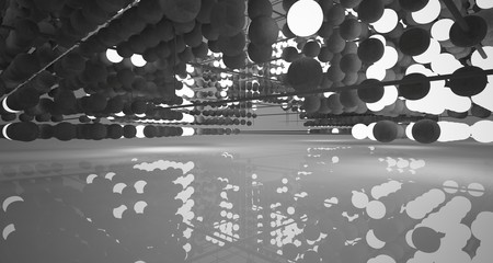 Abstract architectural concrete interior  from an array of spheres  with neon lighting. 3D illustration and rendering.