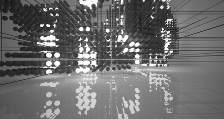 Abstract architectural concrete interior  from an array of spheres  with neon lighting. 3D illustration and rendering.