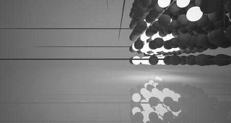 Abstract architectural concrete interior  from an array of spheres  with neon lighting. 3D illustration and rendering.