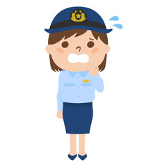 職業別、日本の女性警察官のイラスト。汗をかいて、慌てている女性。