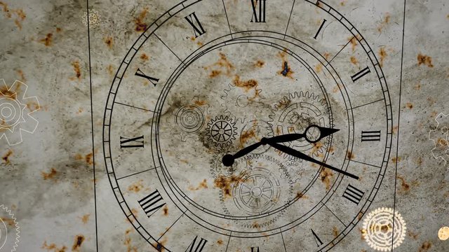 An arty 3d rendering of time portrayed by an old style rusted background with a Roman numbers clock drawings and other cogwheel gears. The concept of the Time.