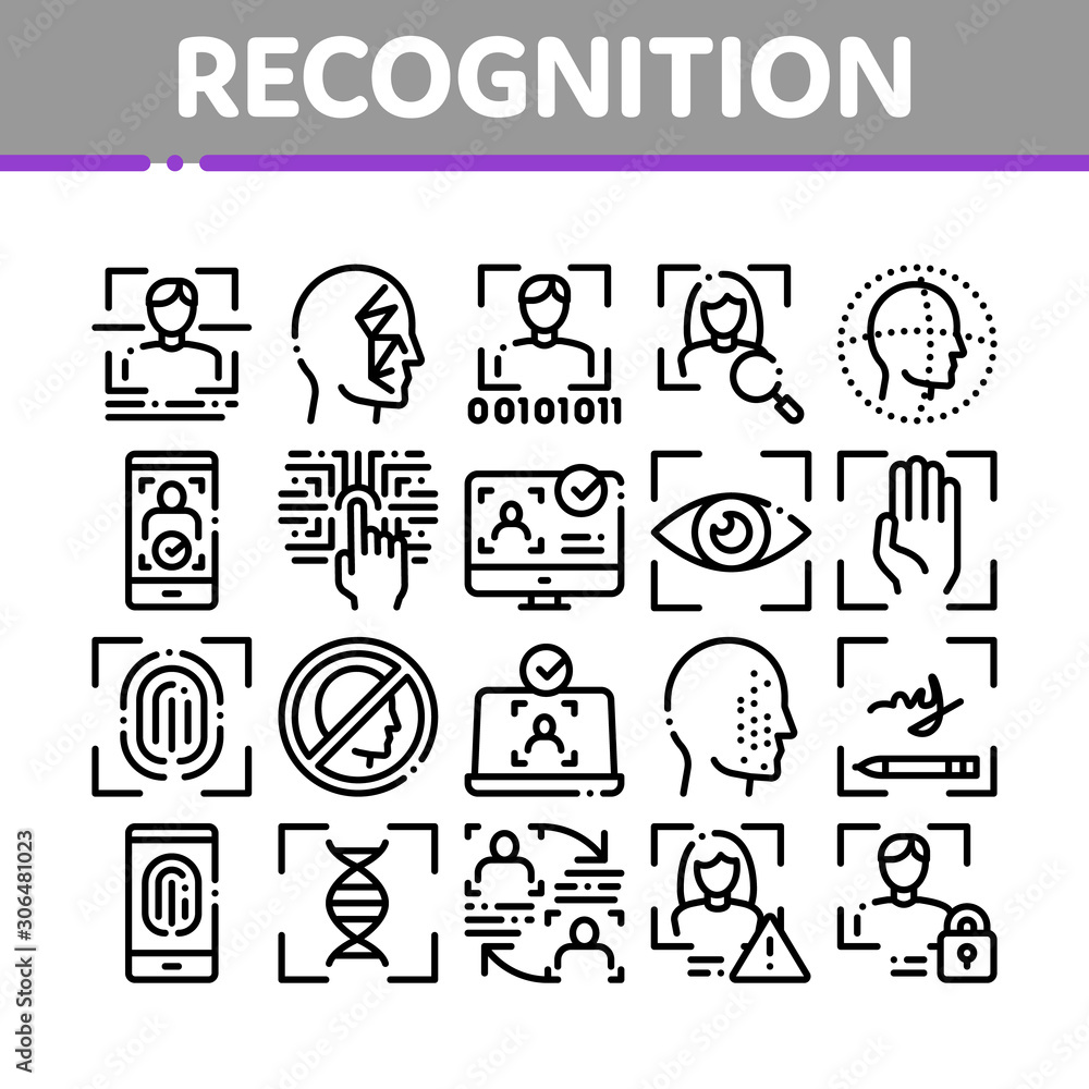 Poster recognition collection elements icons set vector thin line. eye scanning, biometric recognition, fac