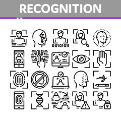 Recognition Collection Elements Icons Set Vector Thin Line. Eye Scanning, Biometric Recognition, Face Id Systems, Human Silhouette Concept Linear Pictograms. Monochrome Contour Illustrations