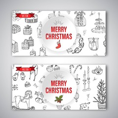 Naklejka premium Set of flyers with hand drawn sketchy Merry Christmas elements. Doodle vector illustration. Candles, gift, boxes, christmas tree, wreath, stocking, candy canes, cookie, bells, holly decoration 