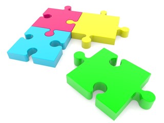 Four puzzles of different colors on a white background