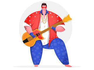 Fototapeta premium Young Man Character Playing Guitar on White Background.
