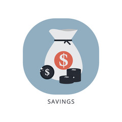 Money bag with stack of money dollars and coins